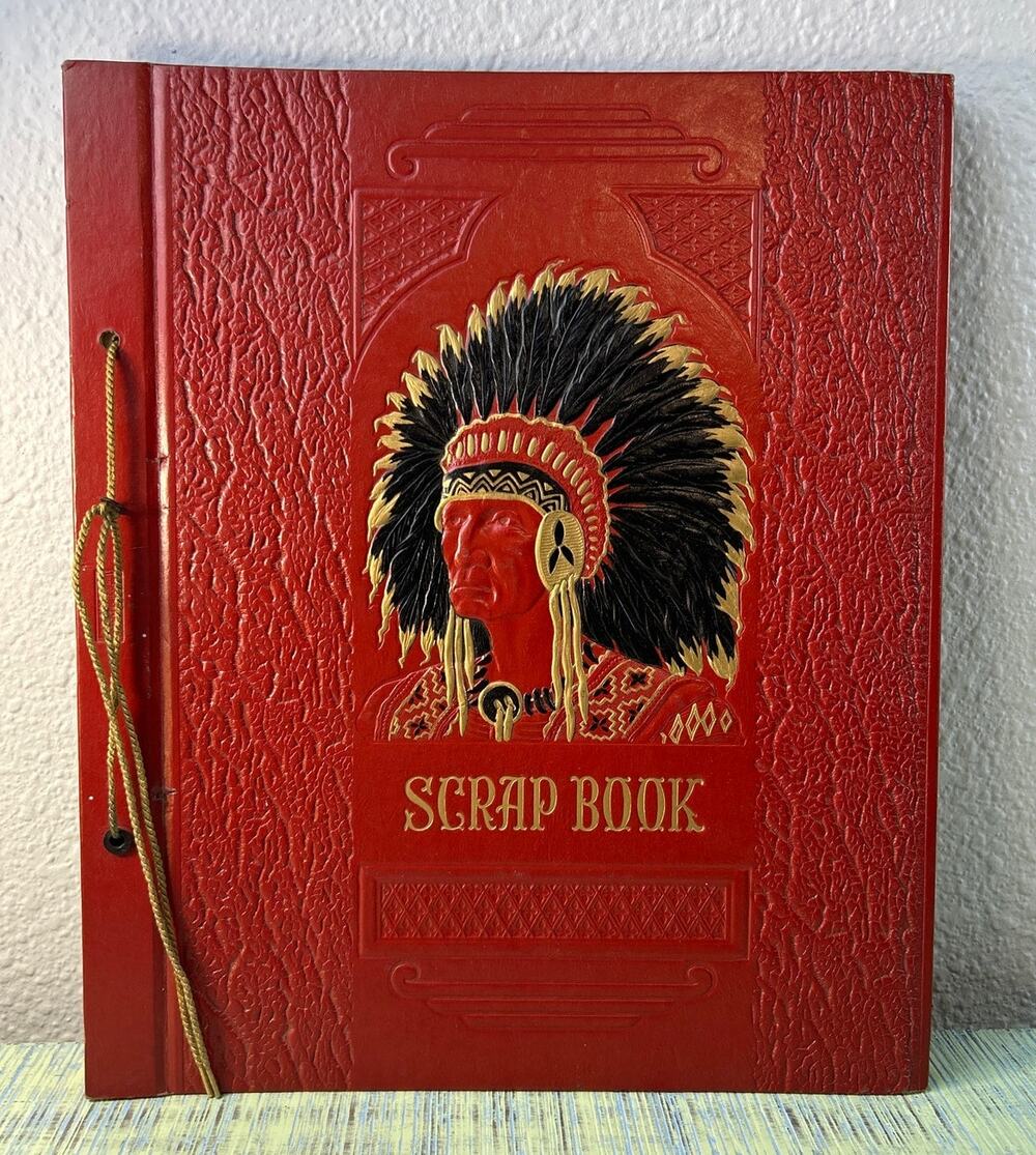Vintage 1940s Embossed Native American Chief Scrapbook Red Faux Leather Album